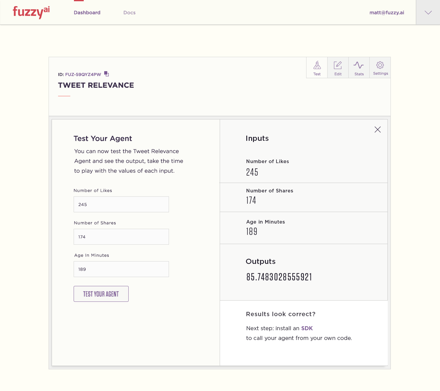 Testing interface for Tweet Relevance agent